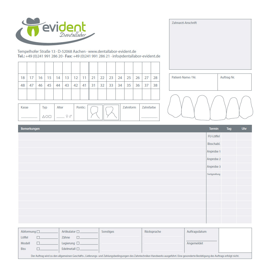 Auftragsformular Dentallabor Evident Aachen